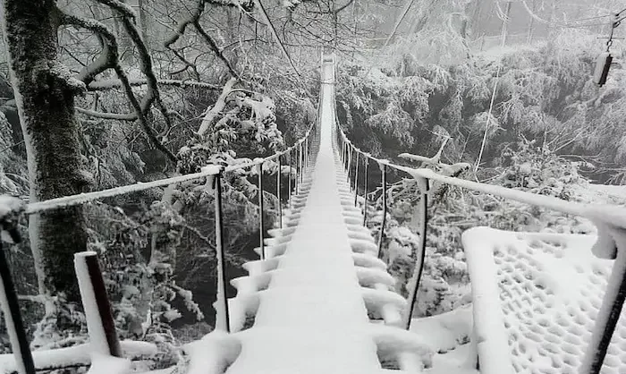 پل معلق پوشیده از برف در نمک آبرود