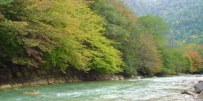 گذر رودخانه ای آرام سرچشمه گرفته از آبشار سجیران