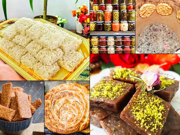 نان تنوری، انواع ترشیجات، برنجک، حلوا گردویی، قتلمه و پشتزیک از سوغاتی های لذیذ سلمان شهر