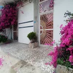 گل آرایی نمای بیرونی درب سفید خانه ویلایی در هچیرود 876845768945
